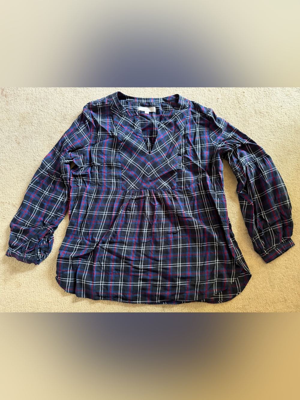 LOFT Navy Plaid Button-Down Shirt with Red and White Stripes